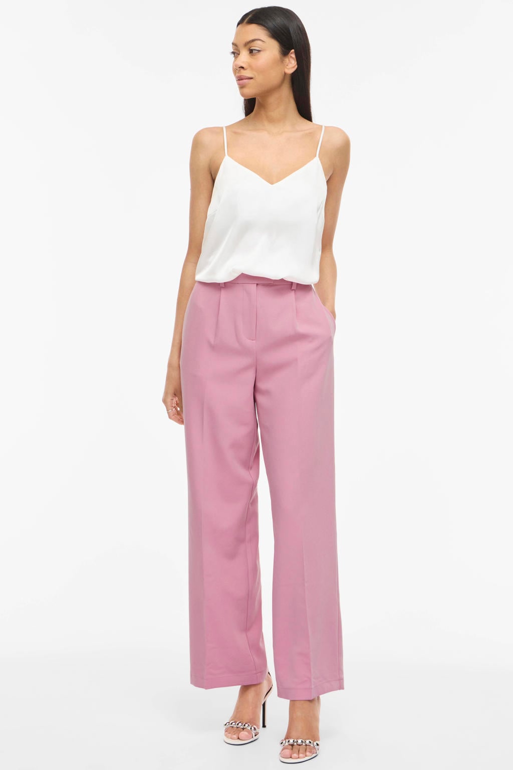 Roze dames VILA wide leg high waist casual broek met rits, haak- en knoopsluiting en effen