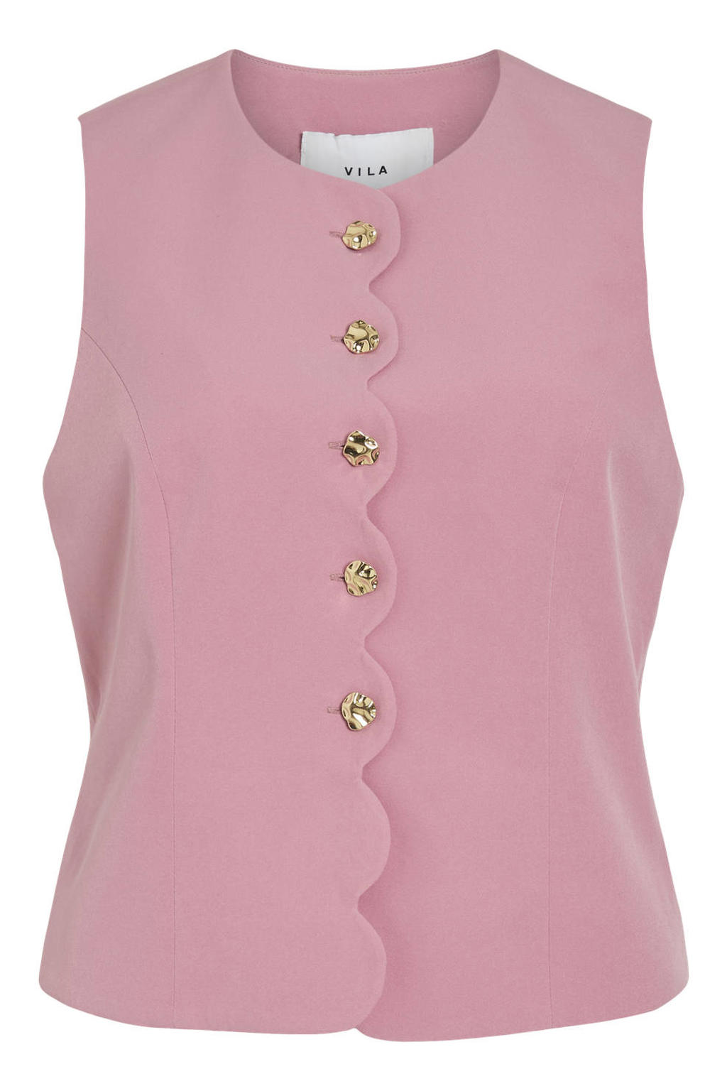 Lichtroze dames VILA gilet van polyester met effen, reverskraag, knoopsluiting en ruches