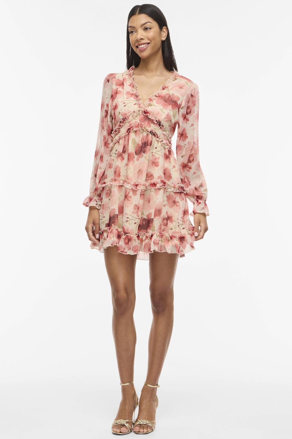Ecru en roze dames VILA mini jurk met met lange mouwen, V-hals, ritssluiting en ruches