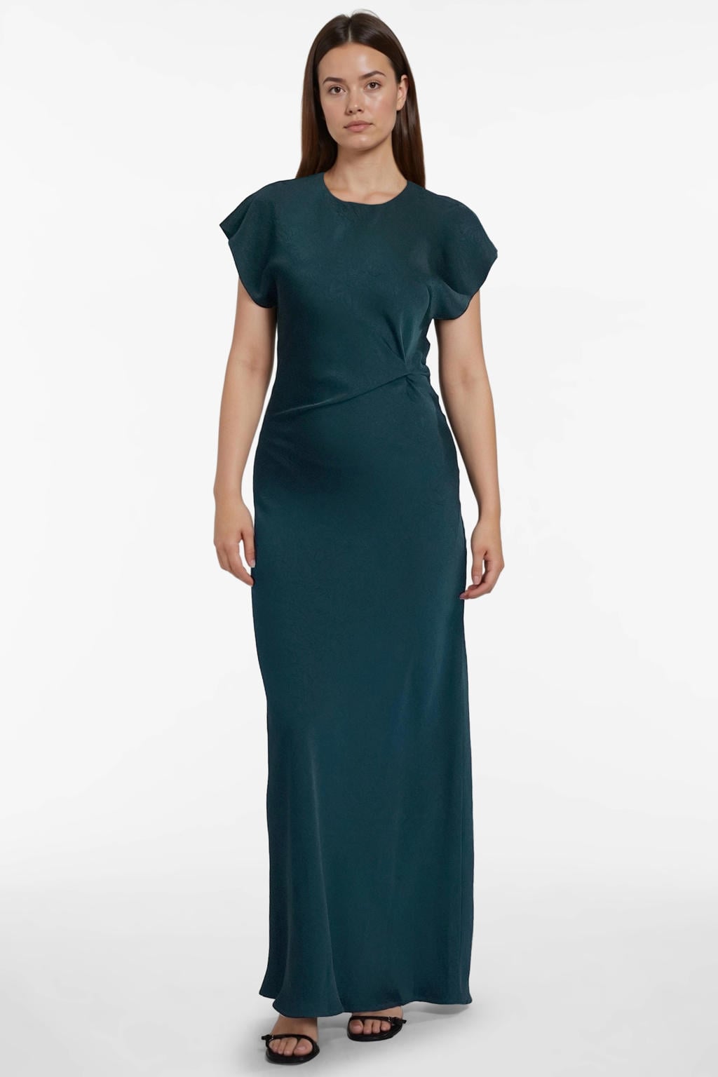 Donkergroene dames VILA maxi jurk van polyester met effen, korte mouwen, ronde hals, knoopsluiting en plooien
