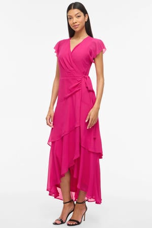 maxi wikkeljurk met volant fuchsia
