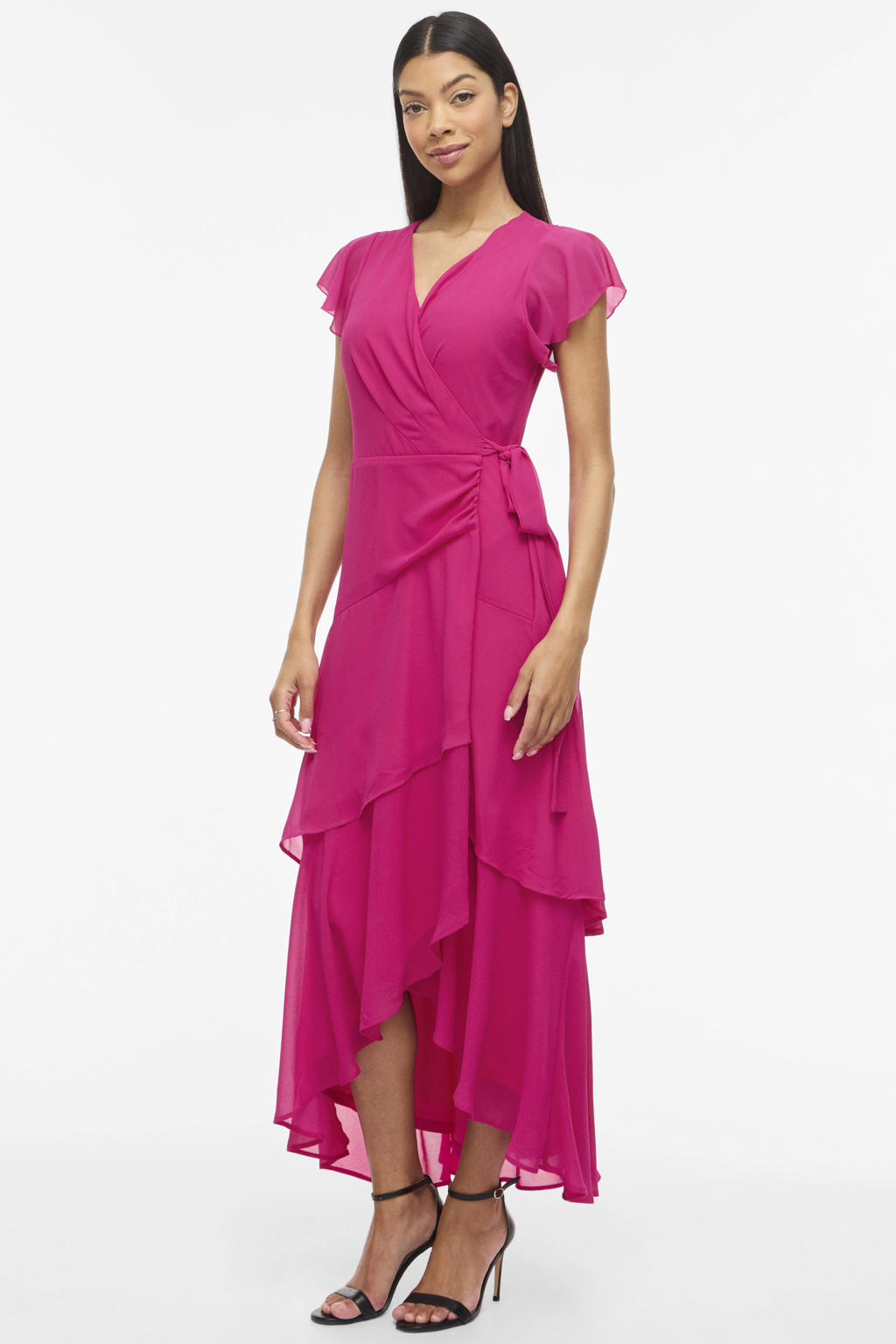 Fuchsia dames VILA maxi wikkeljurk van polyester met effen, korte mouwen, V-hals, striksluiting en overslag detail