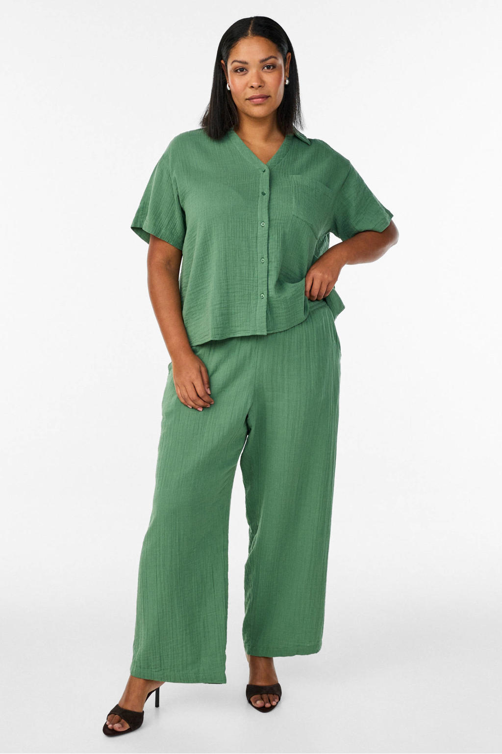 Groene dames Zizzi high waist broek van katoen met loose fit, elastische tailleband met koord en effen
