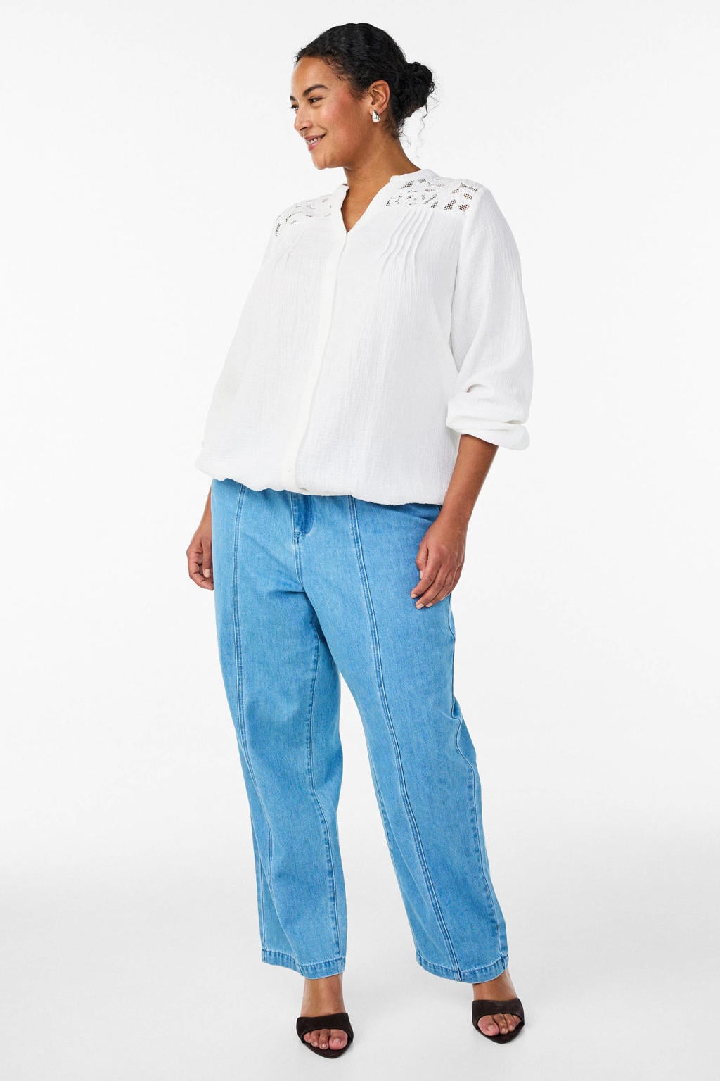 Witte dames Zizzi blouse broderie van katoen met effen, lange mouwen, V-hals en knoopsluiting