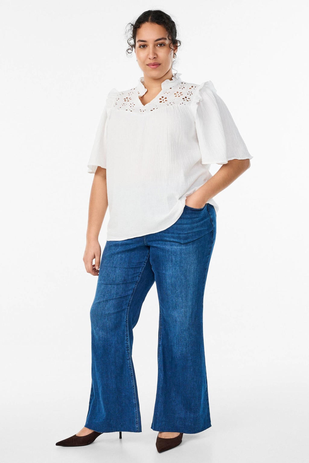 Witte dames Zizzi blousetop broderie van katoen met effen, half lange mouwen en V-hals