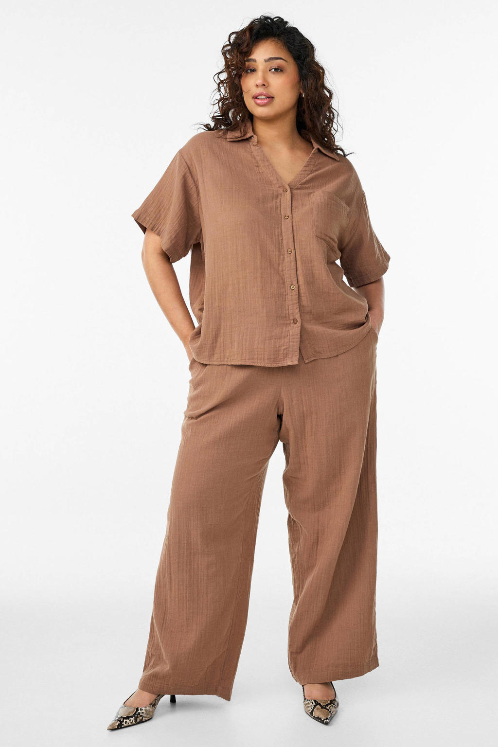 Bruine dames Zizzi casual broek van katoen met loose fit, high waist, elastische tailleband met koord en effen