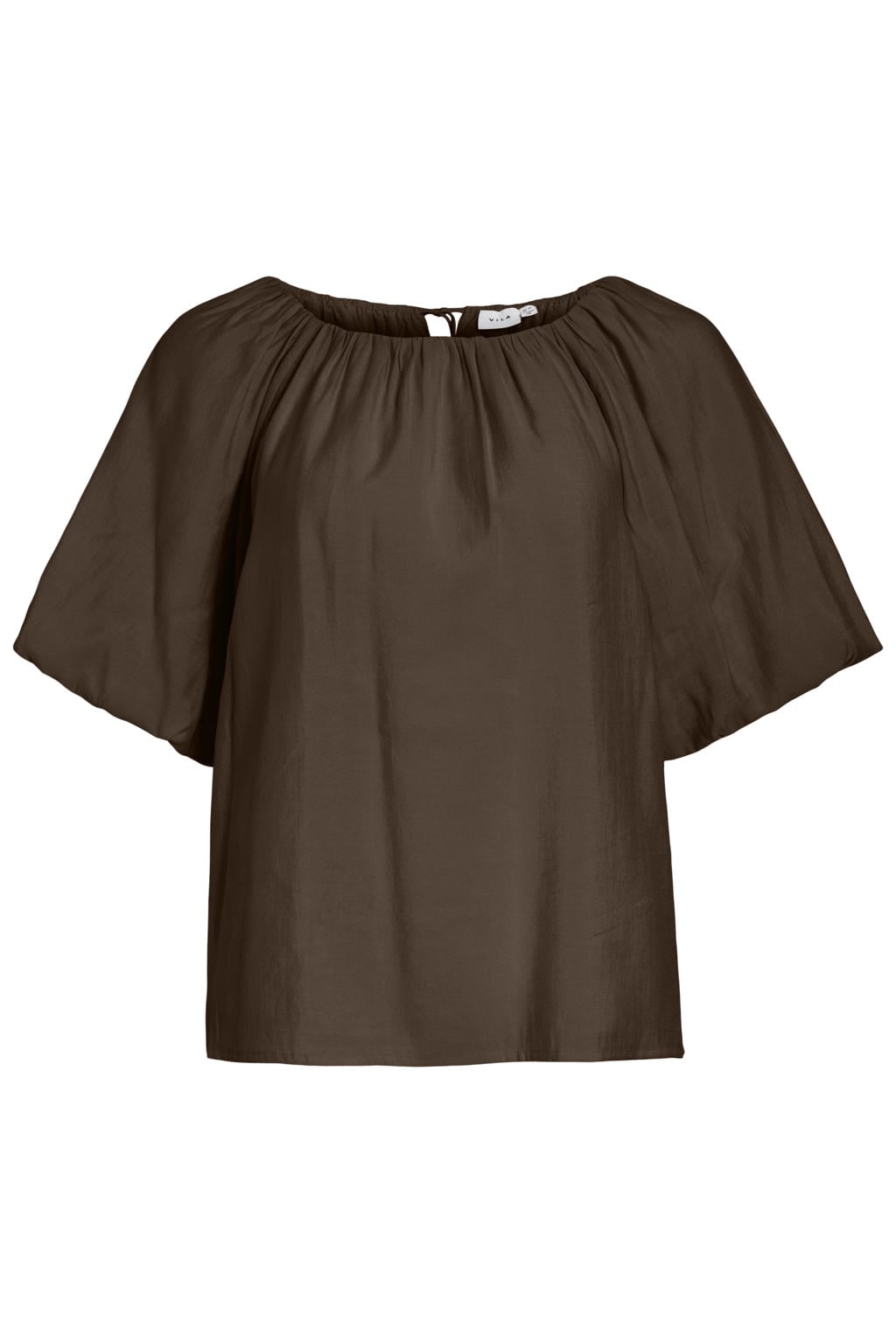 Bruine dames VILA blousetop van viscose met effen, half lange mouwen, boothals, trekkoorden en plooien
