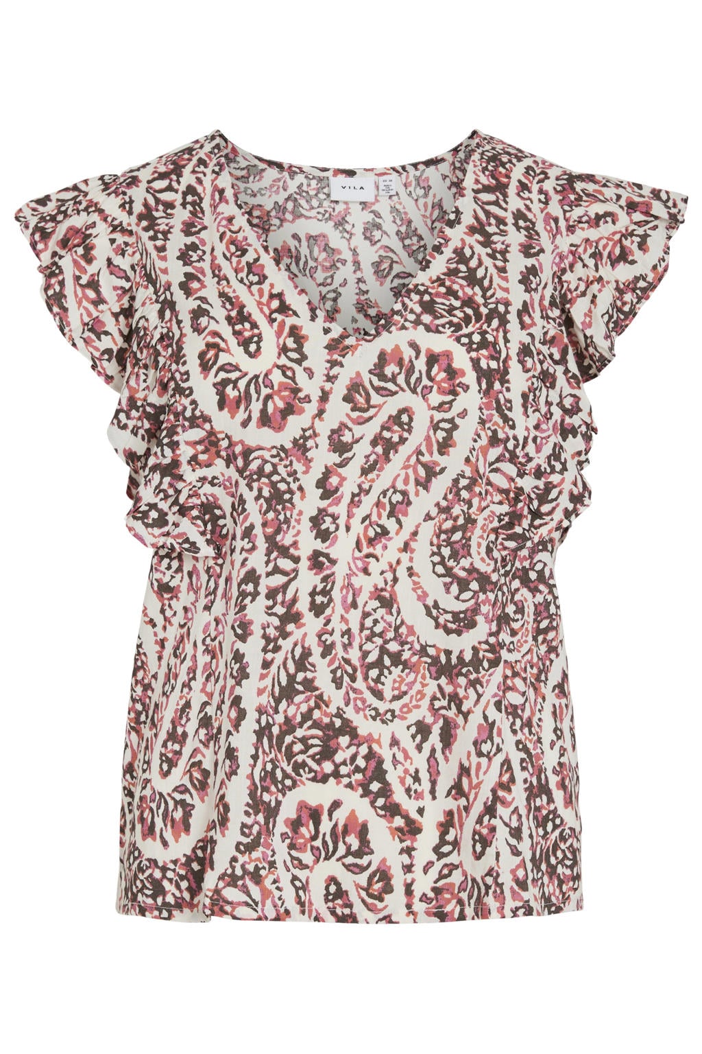 Bruin, roze en ecru dames VILA blousetop print van viscose met paisley print, V-hals en ruches