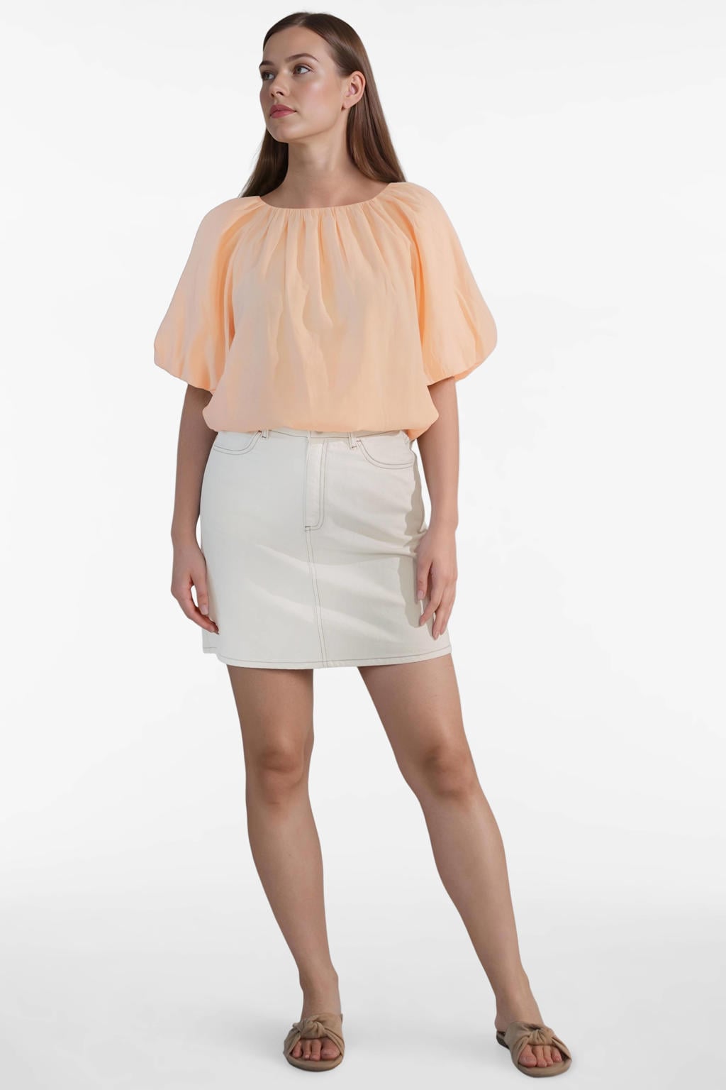 Beige dames VILA blousetop van viscose met effen, half lange mouwen, boothals, trekkoorden en plooien