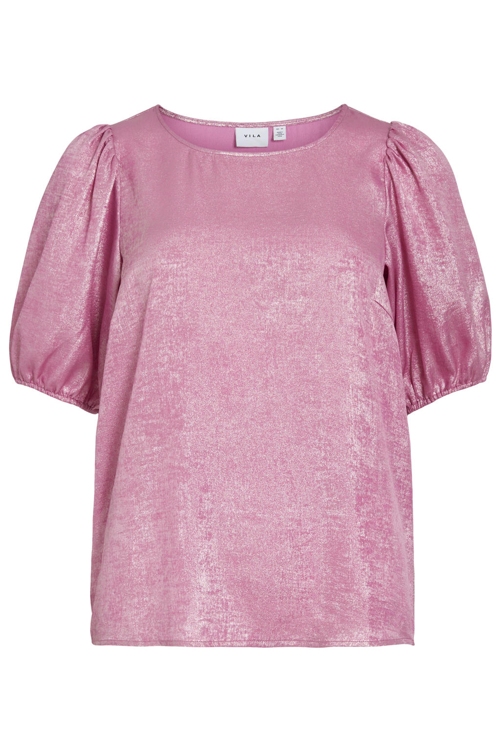 Roze dames VILA top van polyester met effen, half lange mouwen, ronde hals en glimmend detail