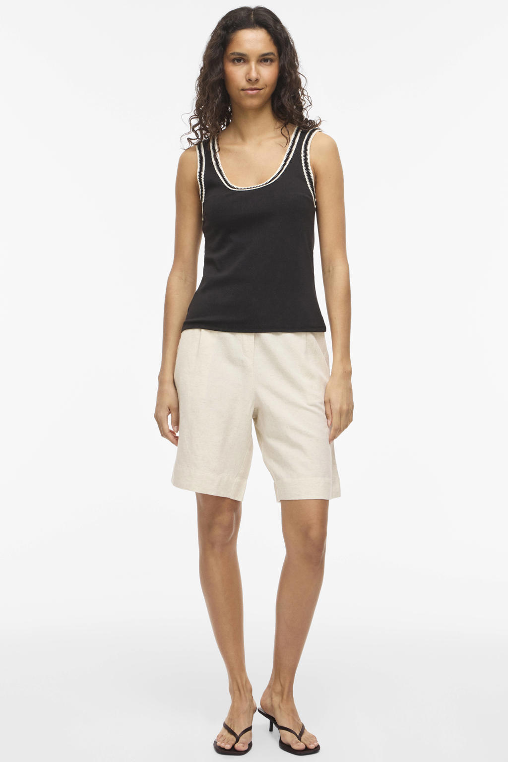 Zwart en ecru dames VILA singlet gebreid van modal met effen en ronde hals