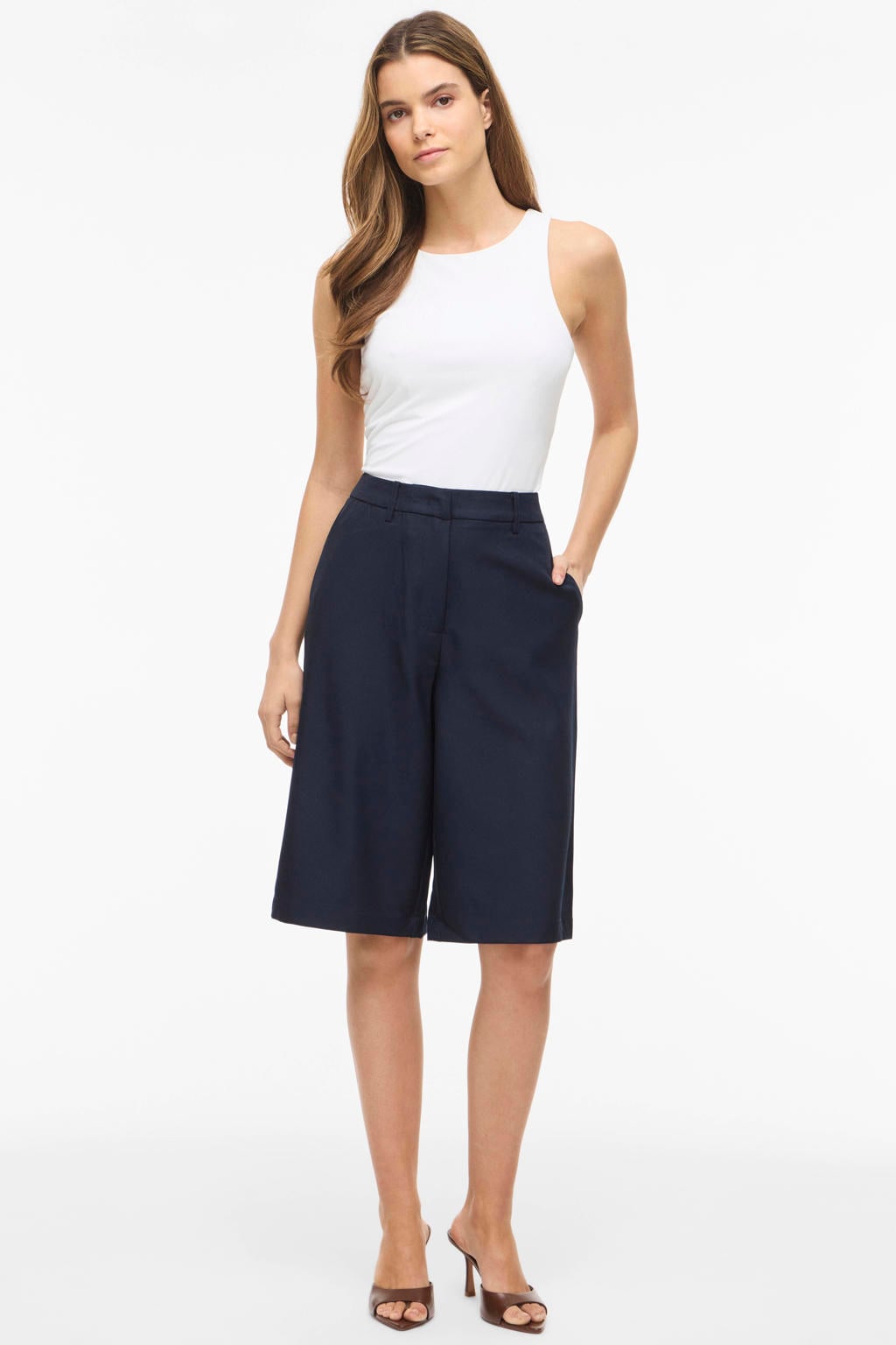 Donkerblauwe dames VILA wide leg high waist casual short met haaksluiting en effen