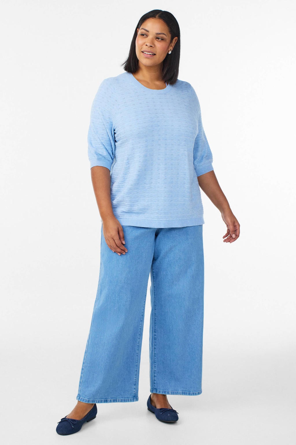 Lichtblauwe dames Zizzi top van viscose met effen, korte mouwen en ronde hals