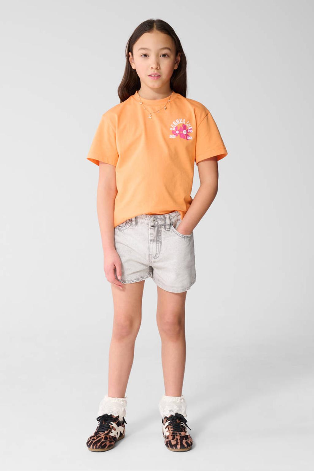 Grey denim meisjes Shoeby short van katoen met high waist, rits- en knoopsluiting en effen