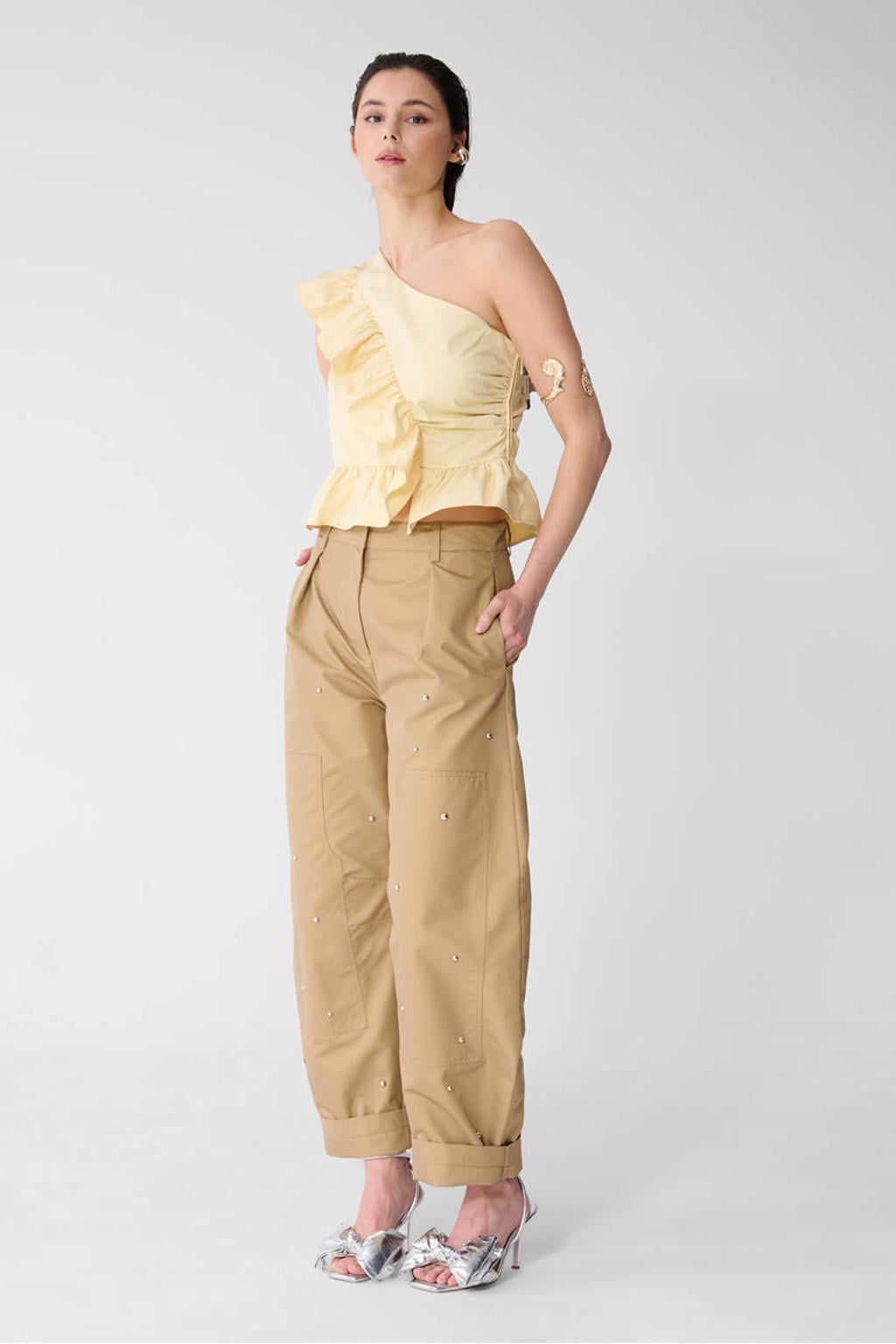 Lichtgele dames Shoeby Studio peplum top met effen en one shoulder
