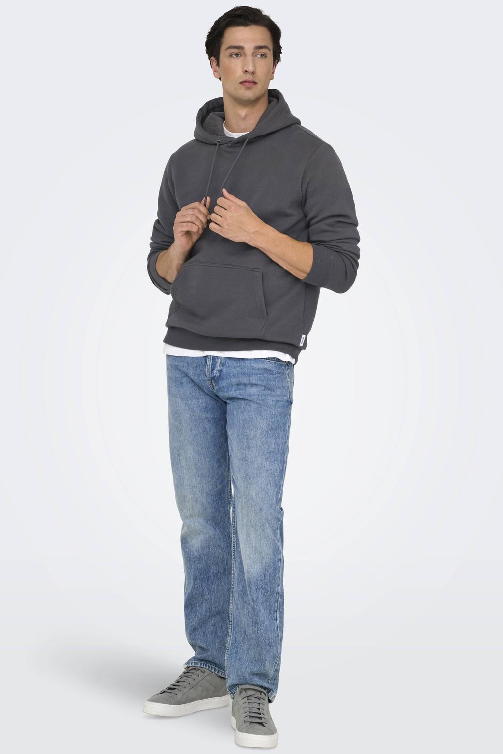 Grijze heren ONLY & SONS hoodie van sweat materiaal met effen, lange mouwen en capuchon