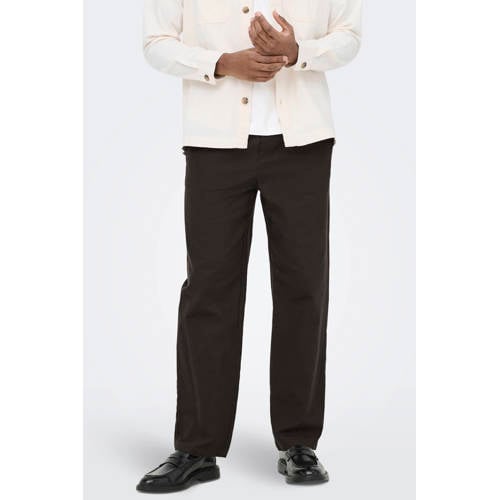 ONLY & SONS ONSSINUS loose casual broek met linnen donkerbruin afbeelding