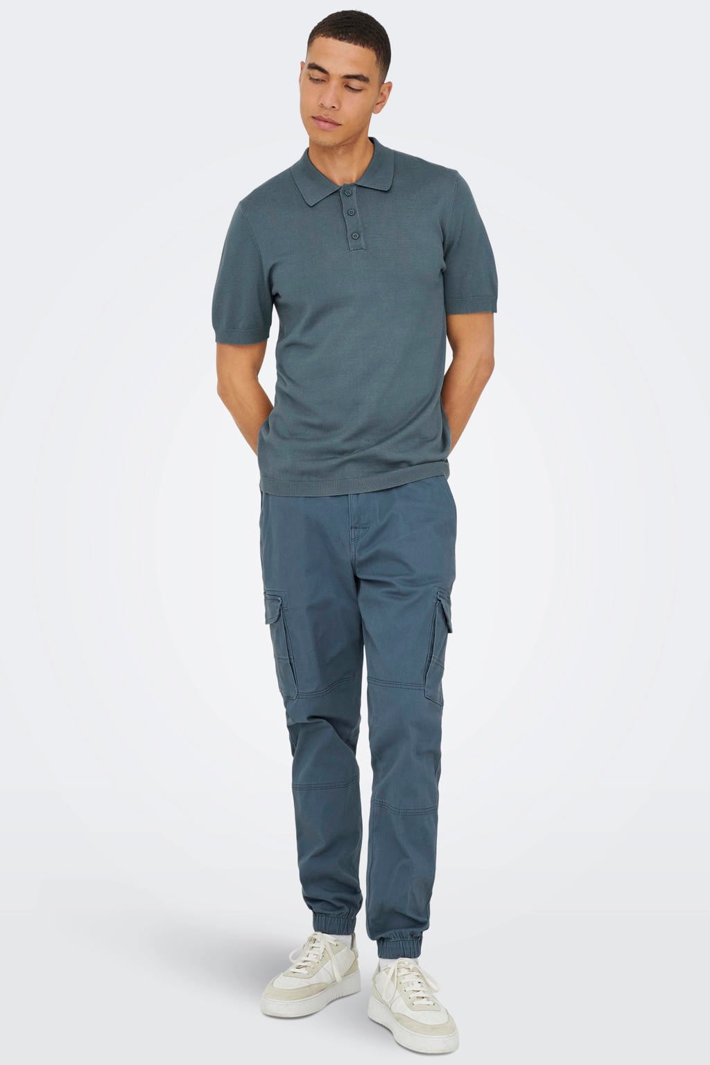 Blauwe heren ONLY & SONS regular polo gebreid van viscose met effen, korte mouwen en knoopsluiting