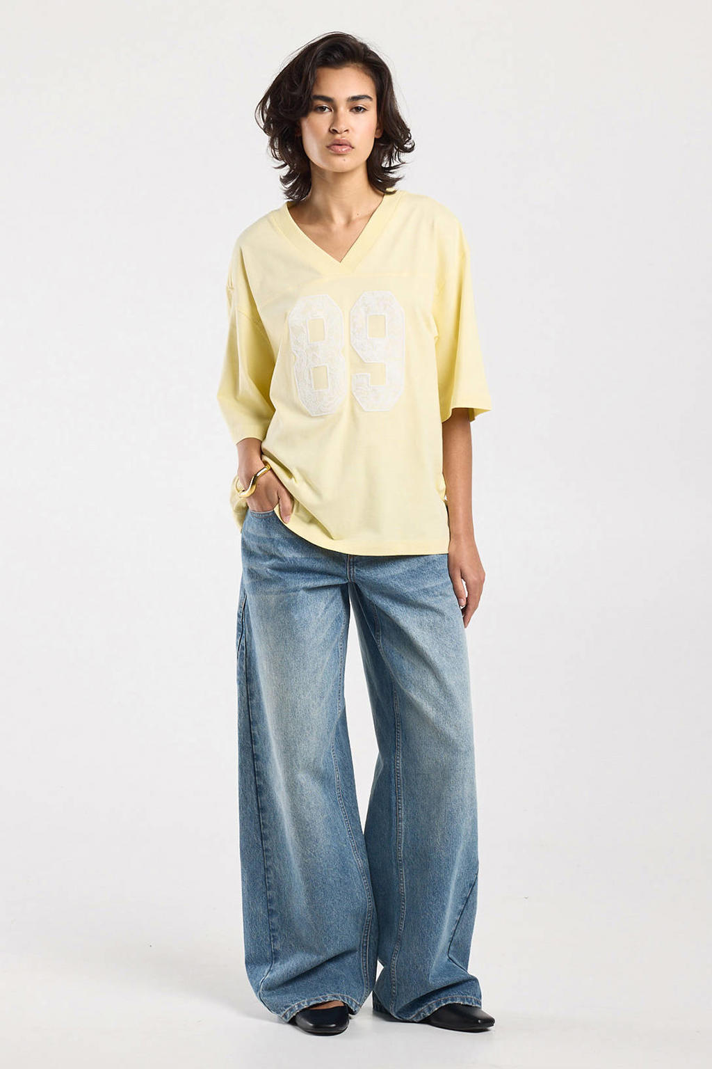 Lichtgeel en witte dames America Today T-shirt van katoen met effen, driekwart mouwen en ronde hals