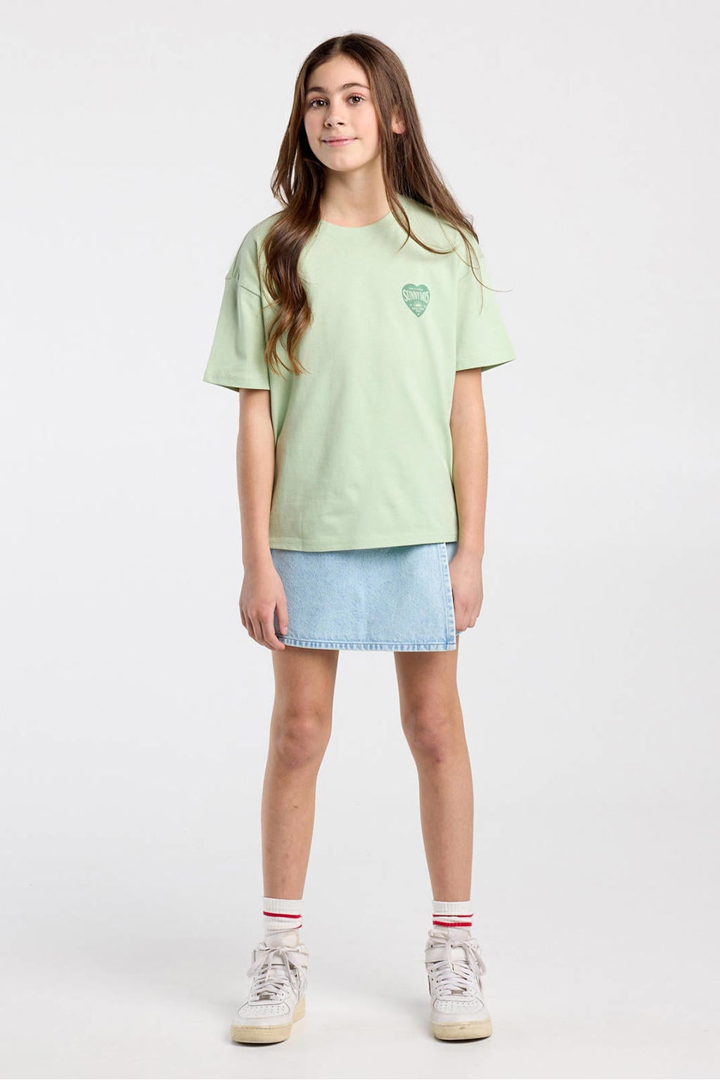Lichtgroene meisjes America Today T-shirt van katoen met backprint, korte mouwen en ronde hals