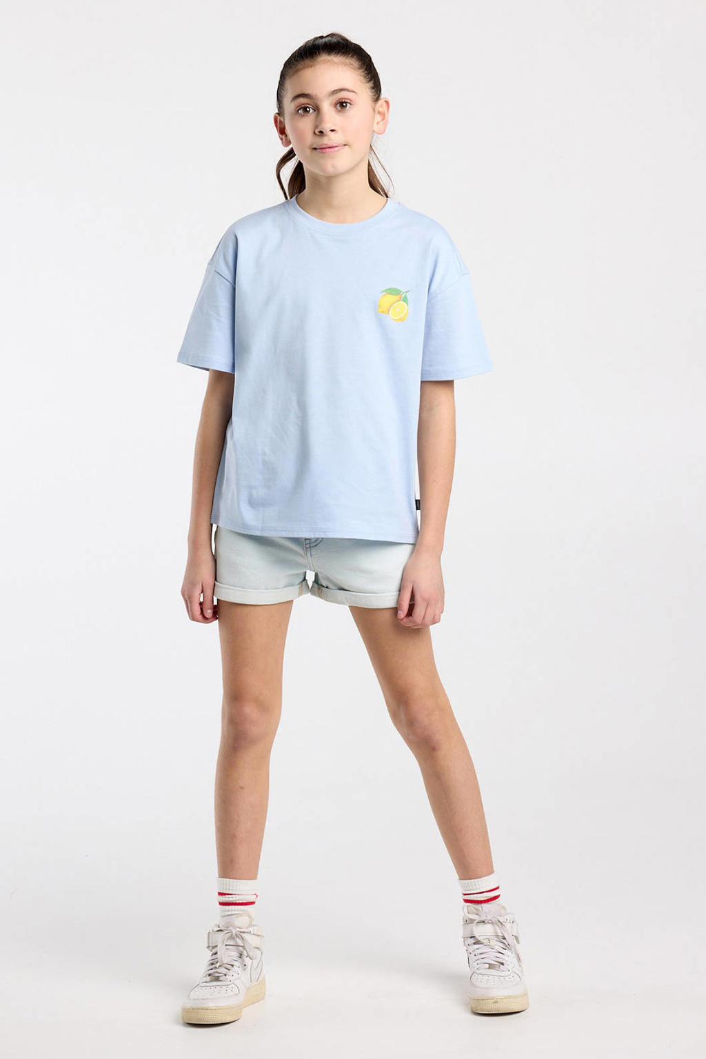 Lichtblauwe meisjes America Today T-shirt van katoen met backprint, korte mouwen en ronde hals