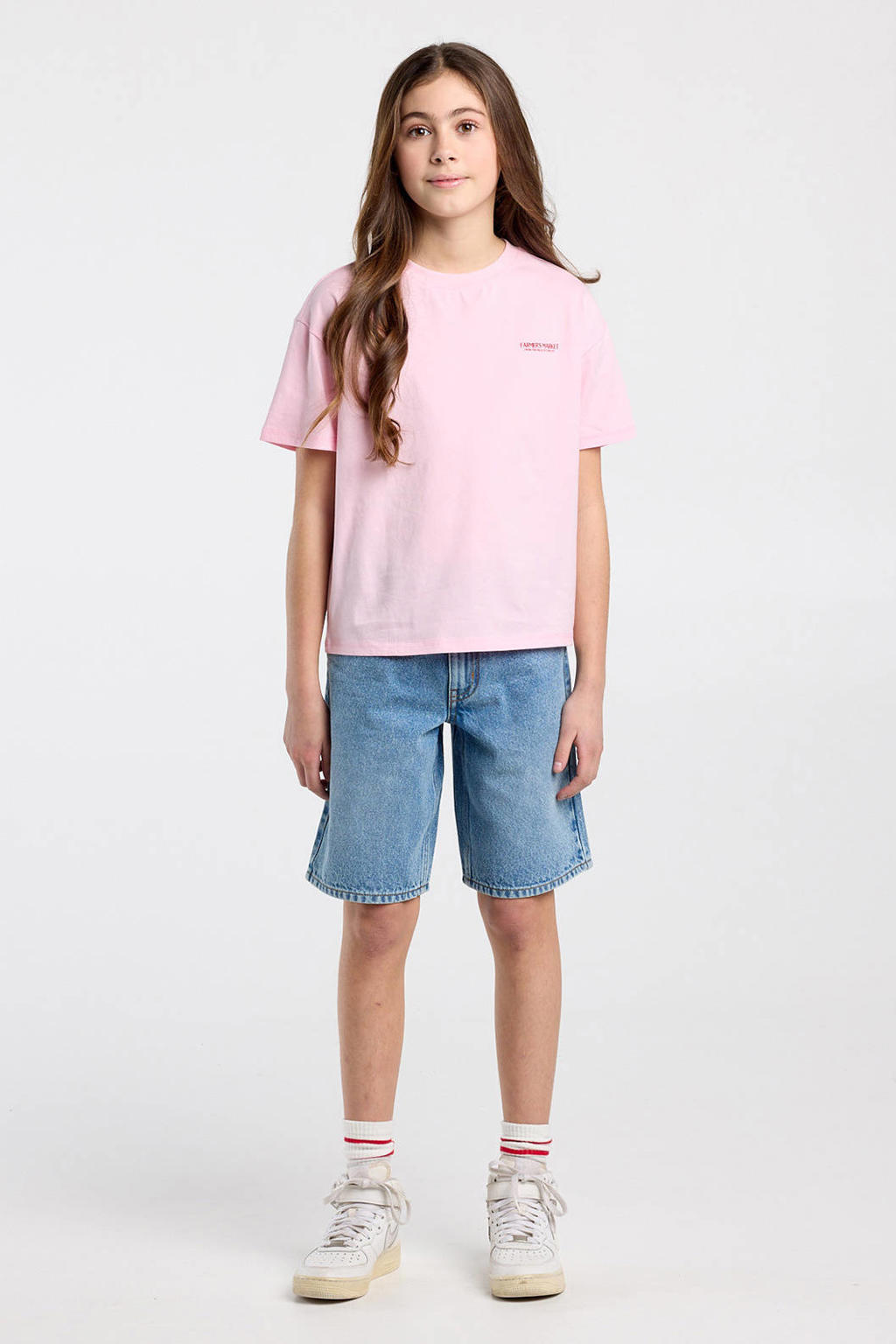 Lichtroze meisjes America Today T-shirt van katoen met backprint, korte mouwen en ronde hals