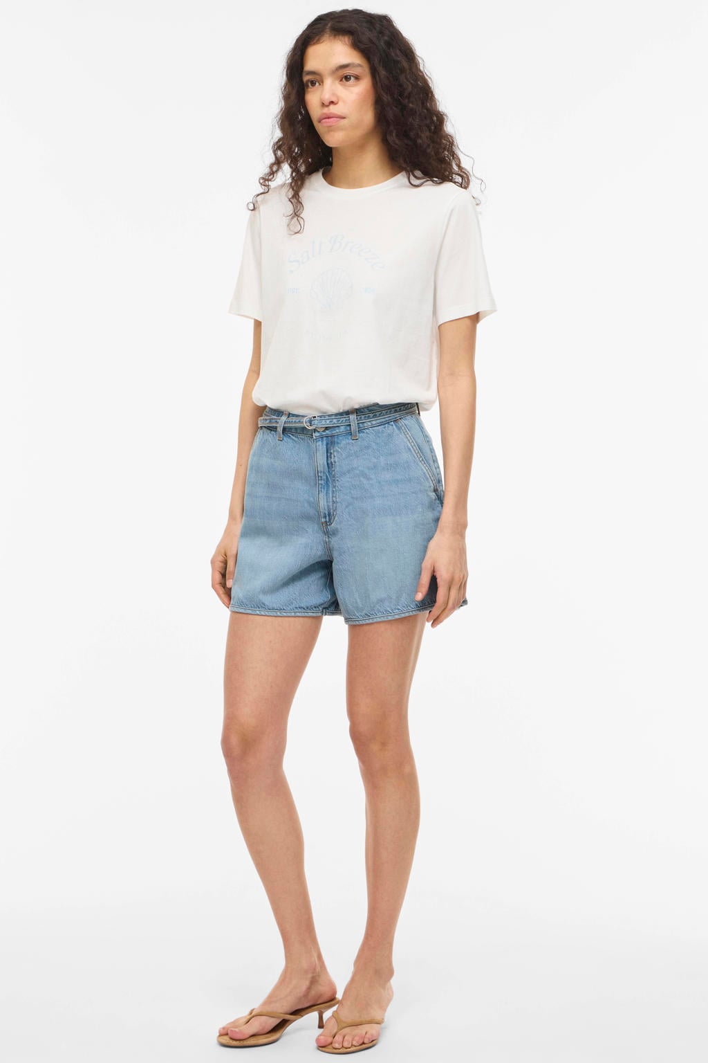 Light blue denim dames VILA regular waist short van lyocell met rits- en knoopsluiting en effen
