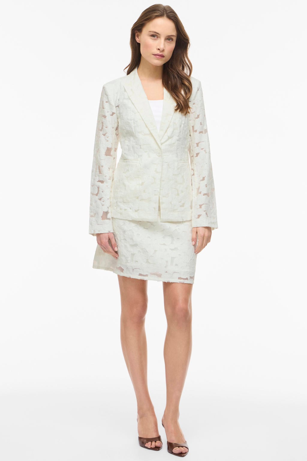 Witte dames VILA kanten regular blazer met effen, lange mouwen, reverskraag, knoopsluiting en geweven detail