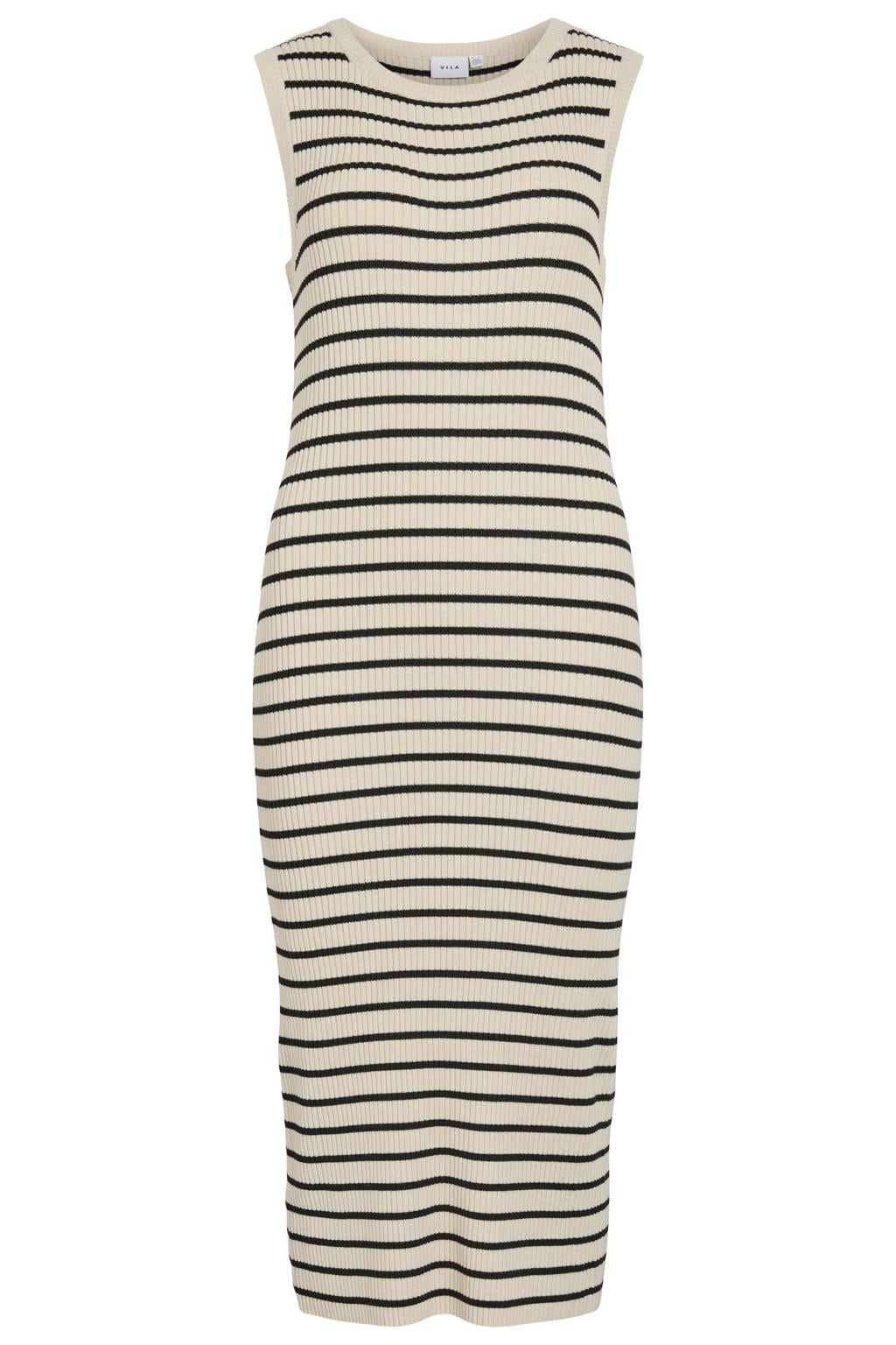 Ecru en zwarte dames VILA midi jurk rib gebreid van polyester met effen en ronde hals