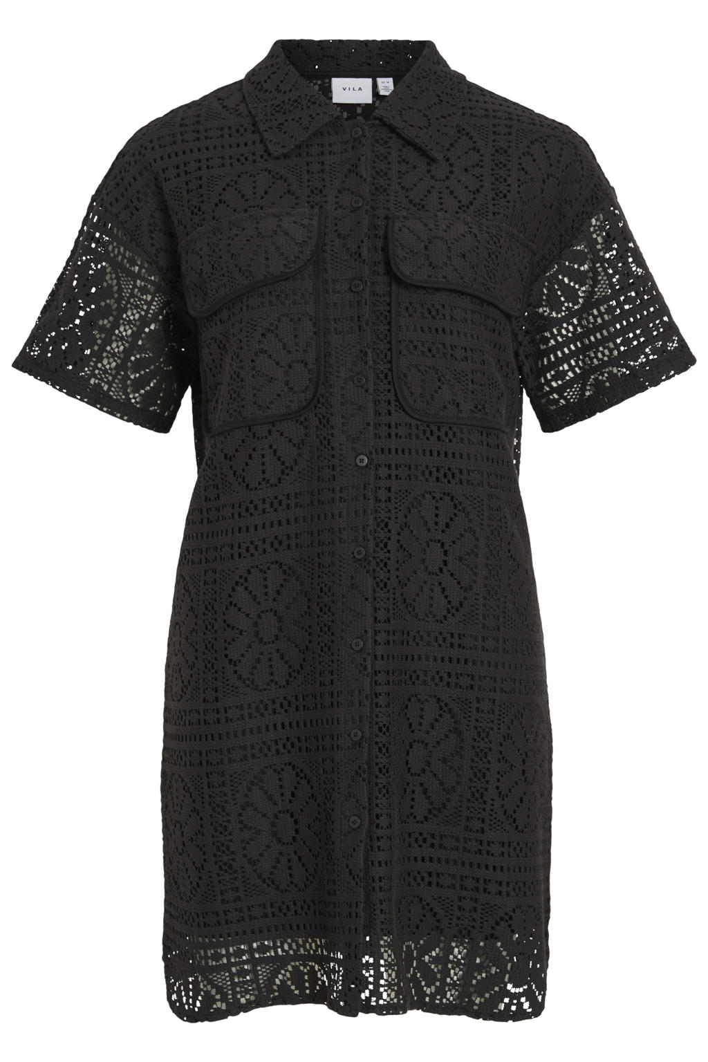 Zwarte dames VILA kanten blousejurk met effen, korte mouwen, klassieke kraag, knoopsluiting en jacquard