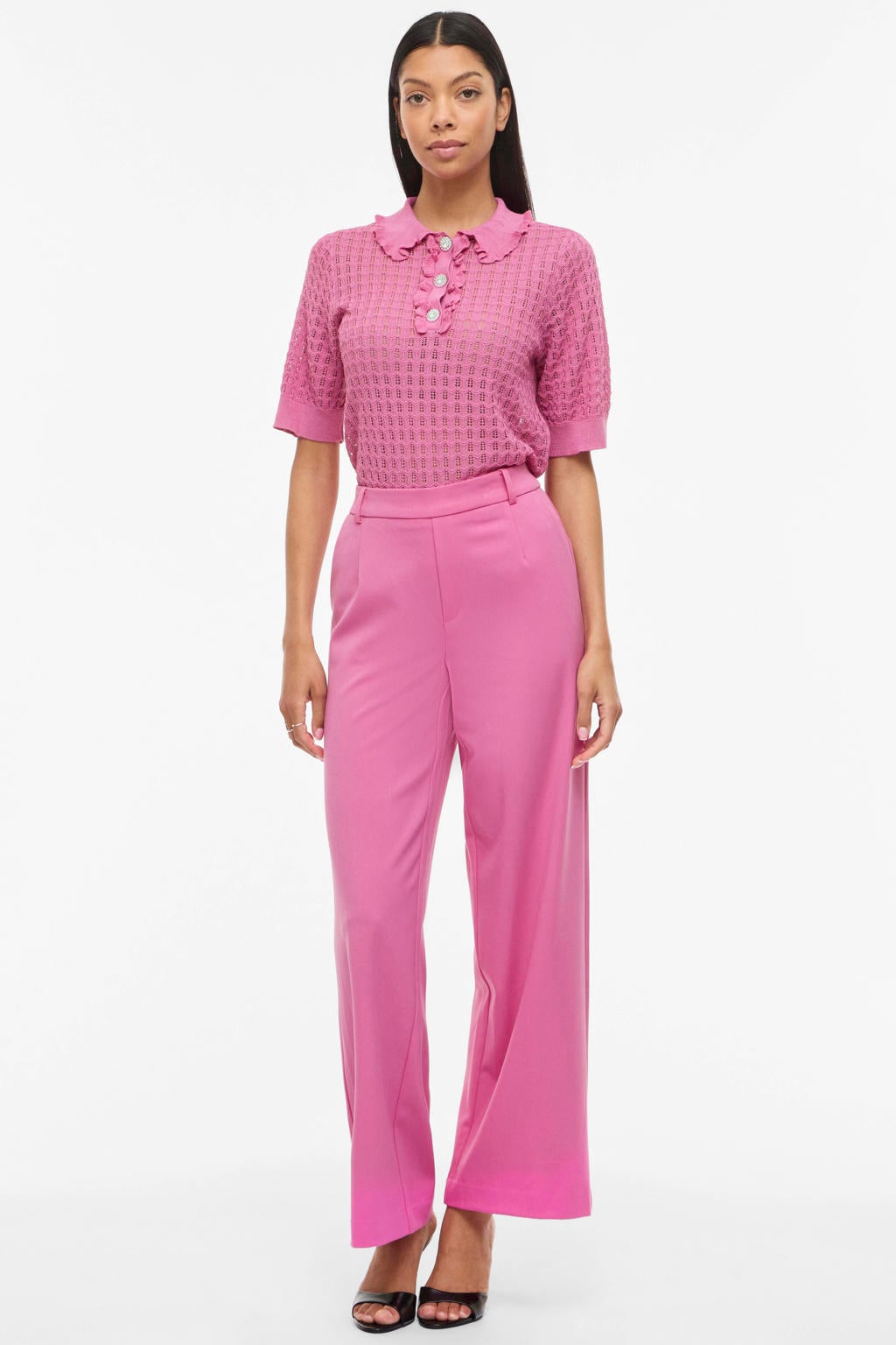 Roze dames VILA top gebreid van viscose met effen, korte mouwen en polo kraag