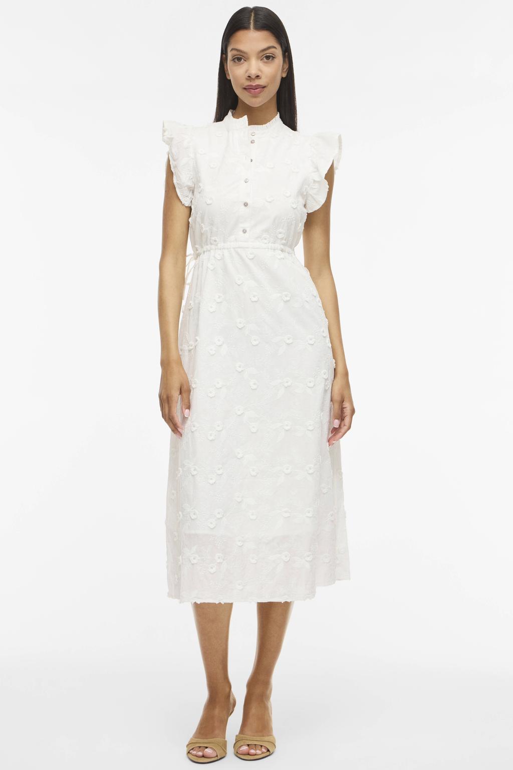 Ecru dames VILA midi jurk broderie van katoen met effen, ronde hals en knoopsluiting