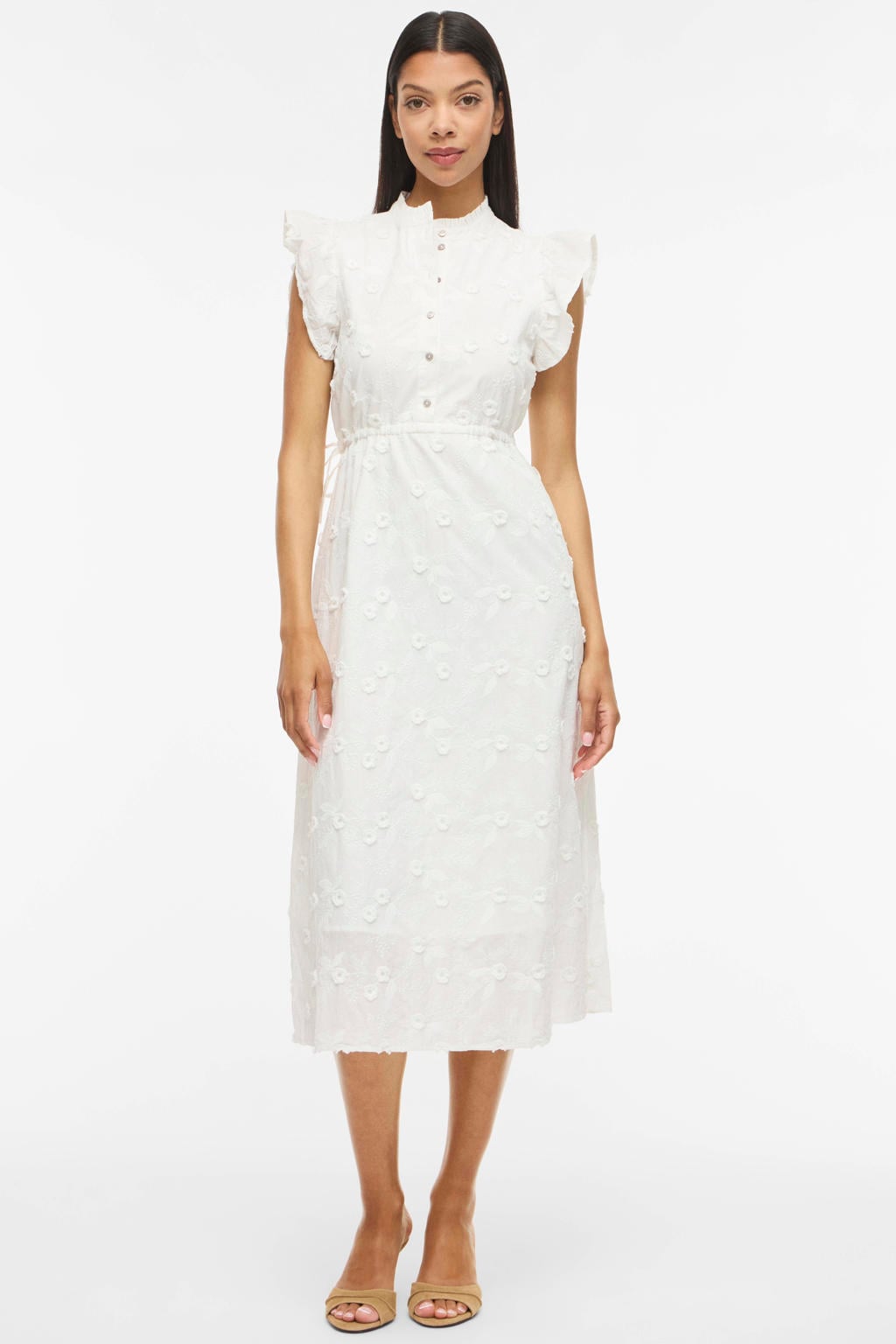 Ecru dames VILA midi jurk broderie van katoen met effen, ronde hals en knoopsluiting