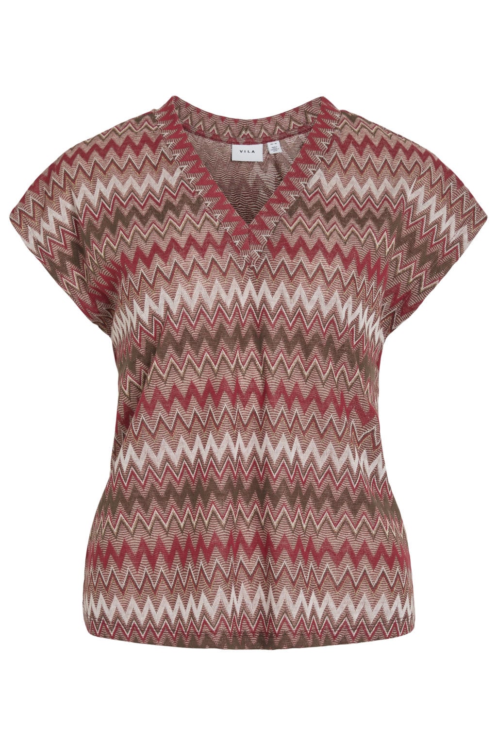 Bruin en rode dames VILA top crochet van polyester met korte mouwen en V-hals