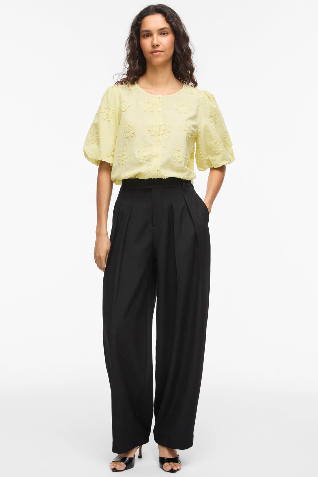 Lichtgele dames VILA blouse van katoen met effen, korte mouwen, klassieke kraag, knoopsluiting en jacquard
