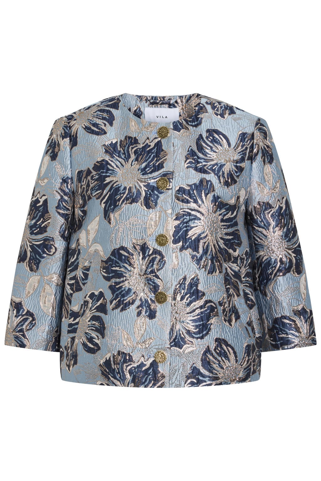 Lichtblauw en donkerblauwe dames VILA jasje van polyester met driekwart mouwen, ronde hals, knoopsluiting en jacquard