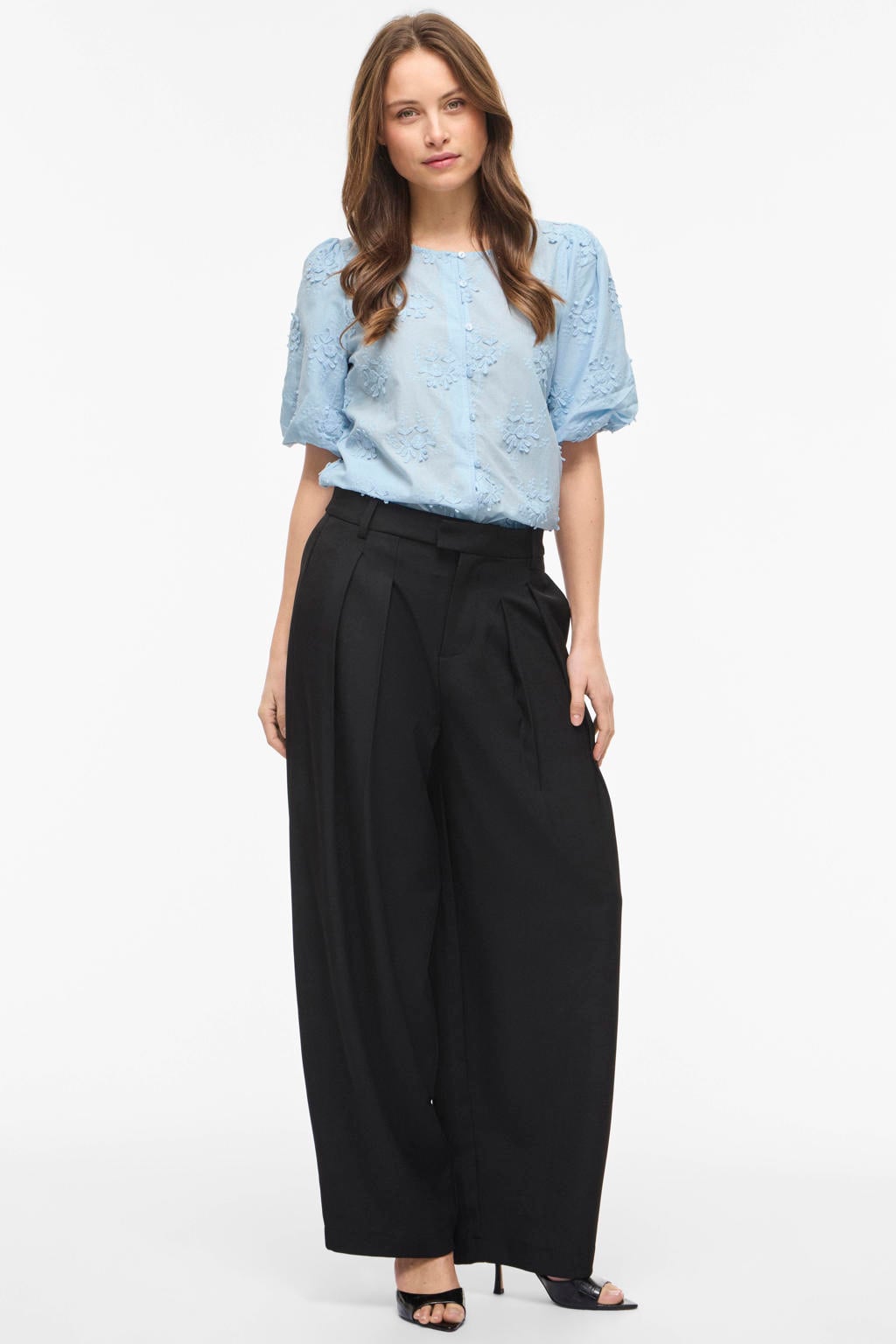 Lichtblauwe dames VILA blouse van katoen met effen, korte mouwen, klassieke kraag, knoopsluiting en jacquard