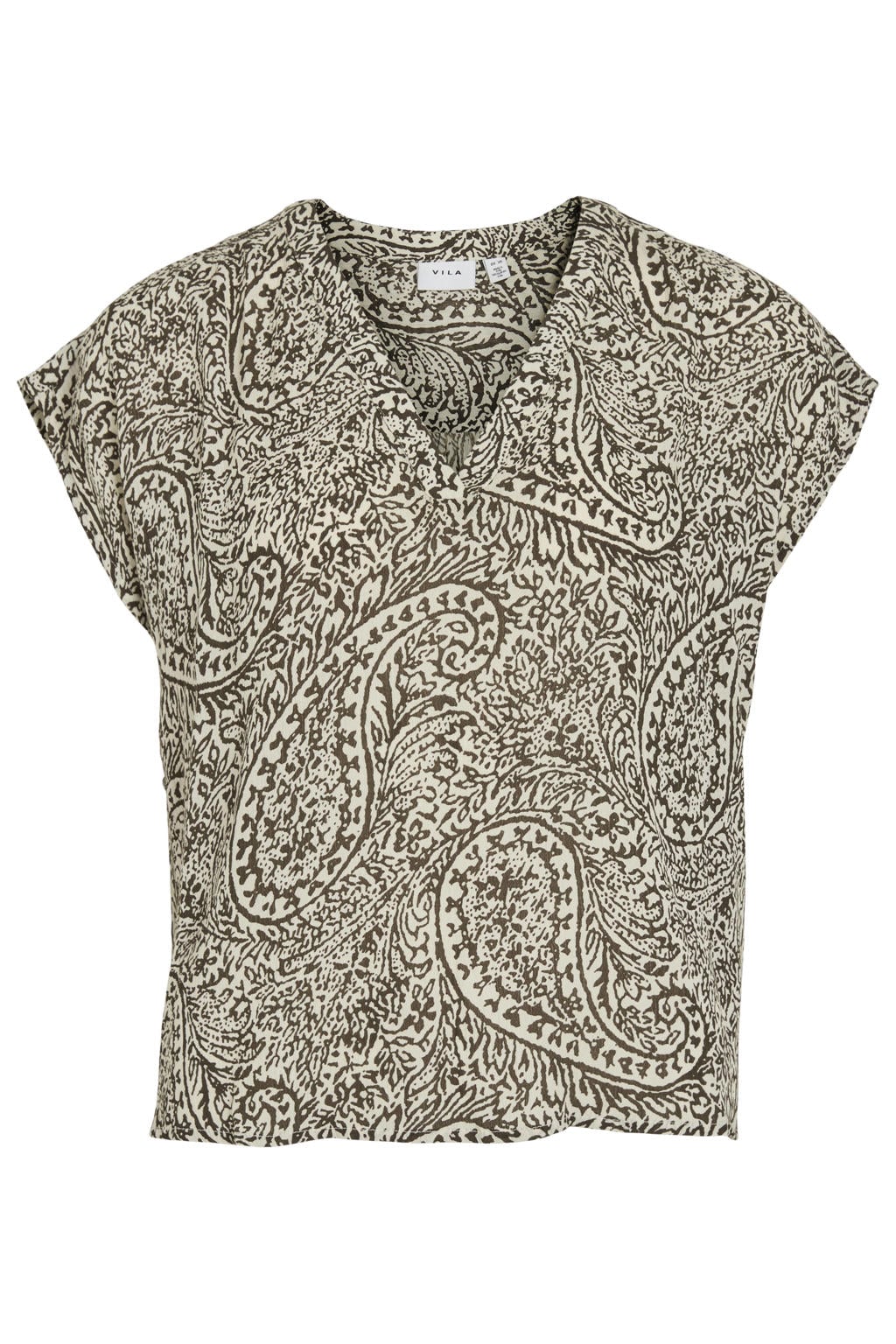 Ecru en zwarte dames VILA top print van textileen met paisley print, korte mouwen, V-hals en plooien