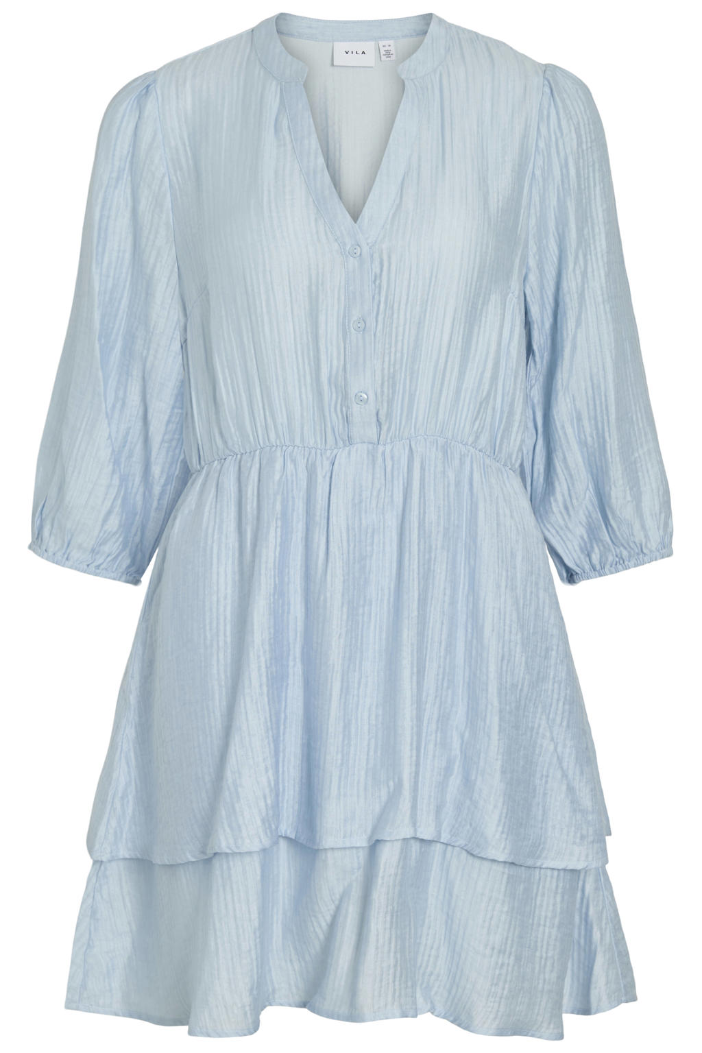 Lichtblauwe dames VILA korte jurk van viscose met effen, driekwart mouwen, V-hals en knoopsluiting