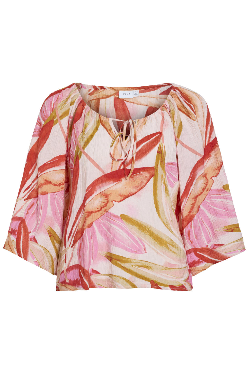 Roze en oranje dames VILA blousetop van viscose met driekwart mouwen, ronde hals en striksluiting