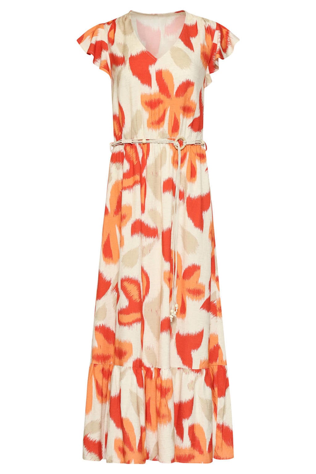 Oranje en ecru dames Smashed Lemon gebloemde zomerjurk van rayon met korte mouwen en V-hals