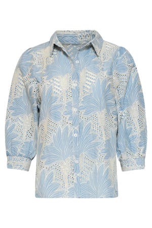gebloemde broderie blouse - lichtblauw