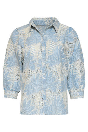 gebloemde broderie blouse - lichtblauw