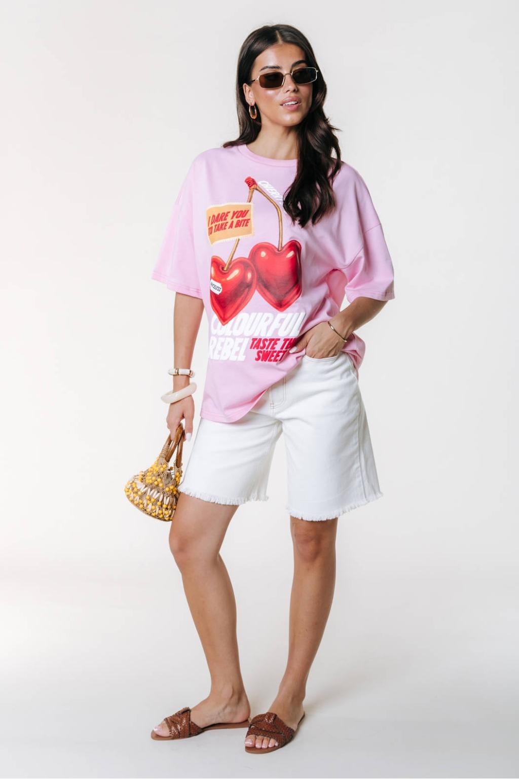 Roze dames Colourful Rebel T-shirt van katoen met printopdruk, korte mouwen en ronde hals