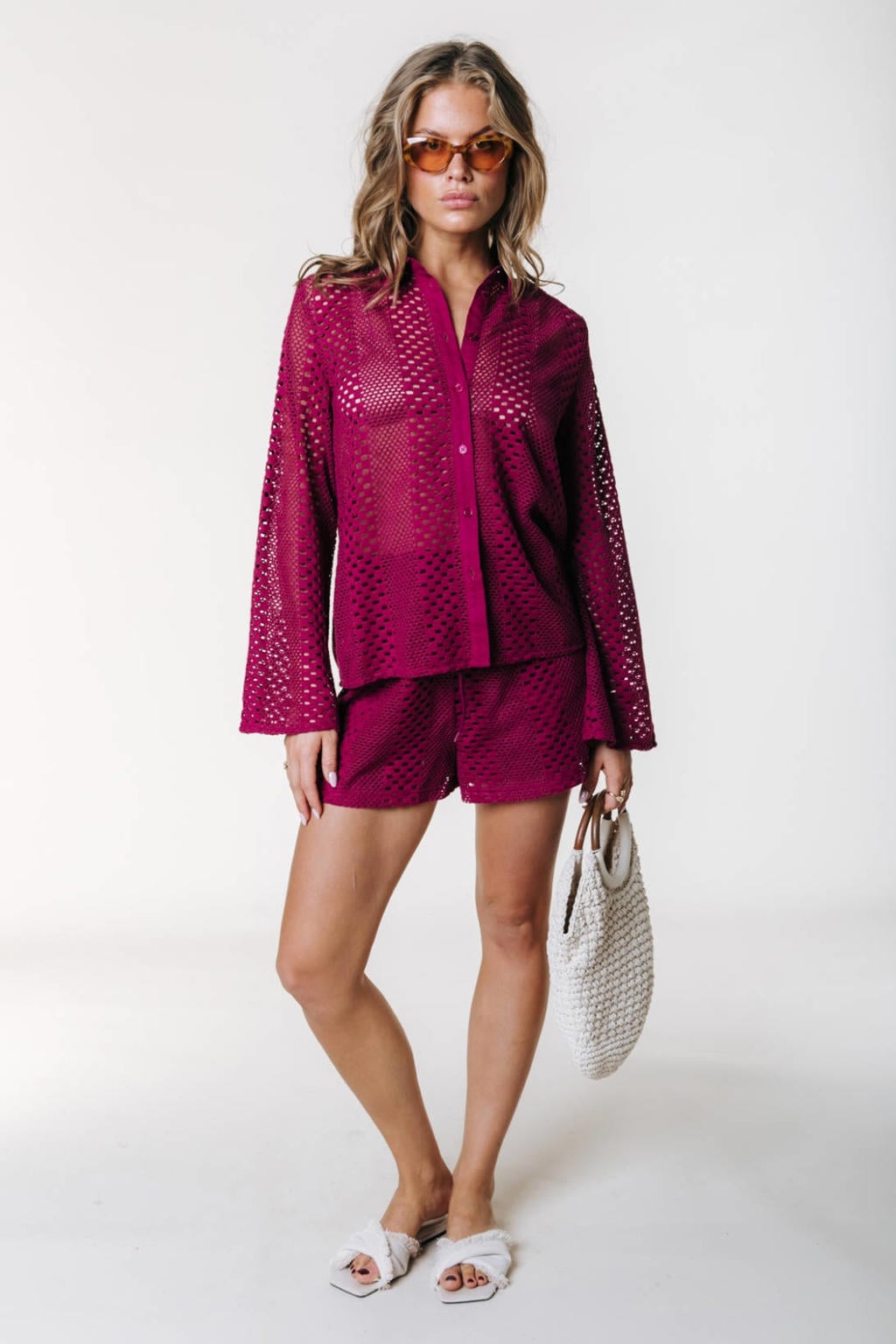 Roze dames Colourful Rebel blouse crochet van polyester-katoen met effen, lange mouwen, klassieke kraag en knoopsluiting
