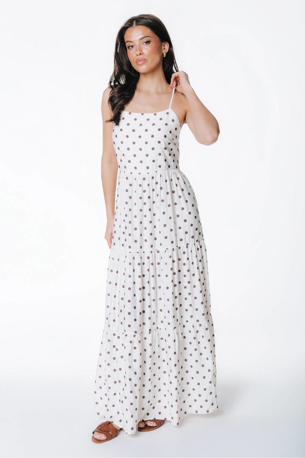 Ecru dames Colourful Rebel maxi jurk van viscose met stippenprint, spaghettibandjes en vierkante hals
