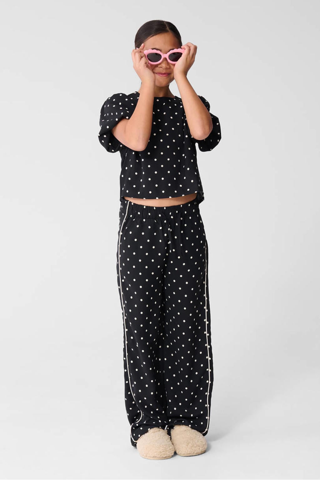 Zwarte meisjes Shoeby high waist casual broek van polyester met elastische tailleband met koord en stippenprint