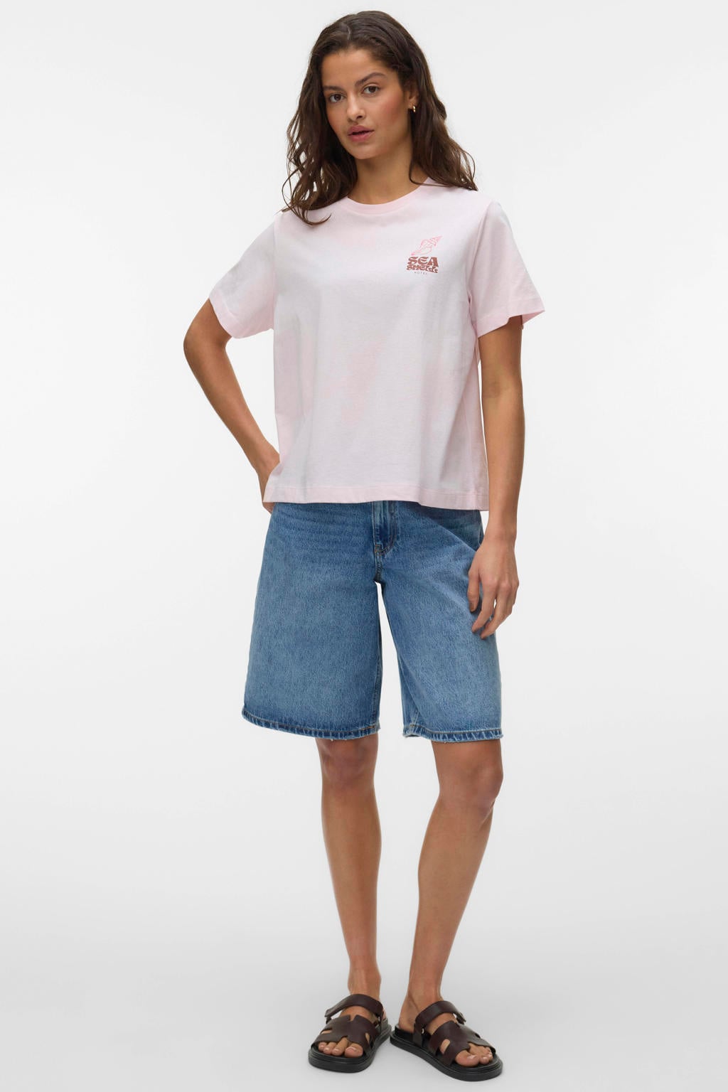 Lichtroze dames VERO MODA T-shirt van katoen met printopdruk, korte mouwen en ronde hals