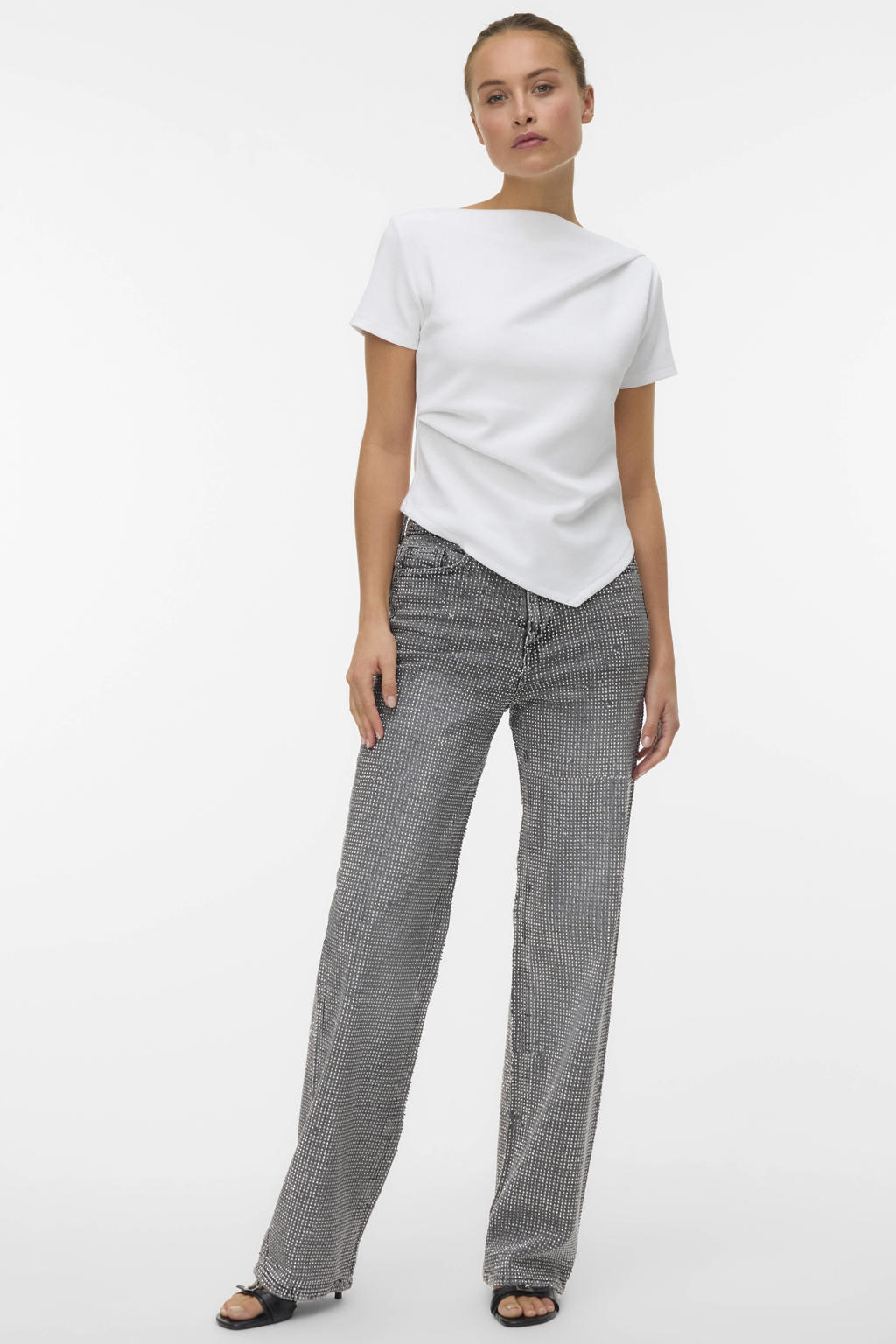 Ecru dames VERO MODA asymmetrische top van polyester met effen, korte mouwen en boothals