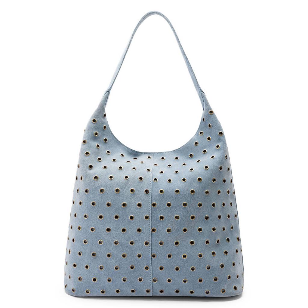 Manfield suede schoudertas met studs blauw